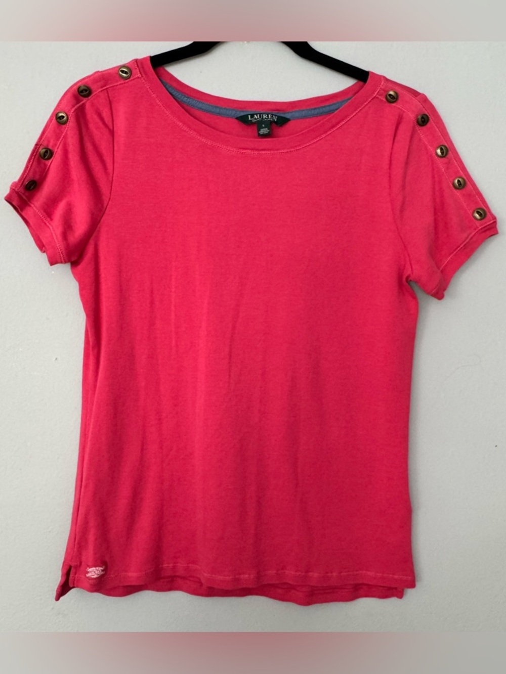 Lauren Ralph Lauren Pink Button Shoulder Tee | Crest Logo Hem | Size L